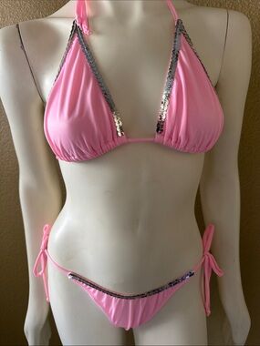 Pink Sequin Trim Triangle Bikini Set - Women Swim